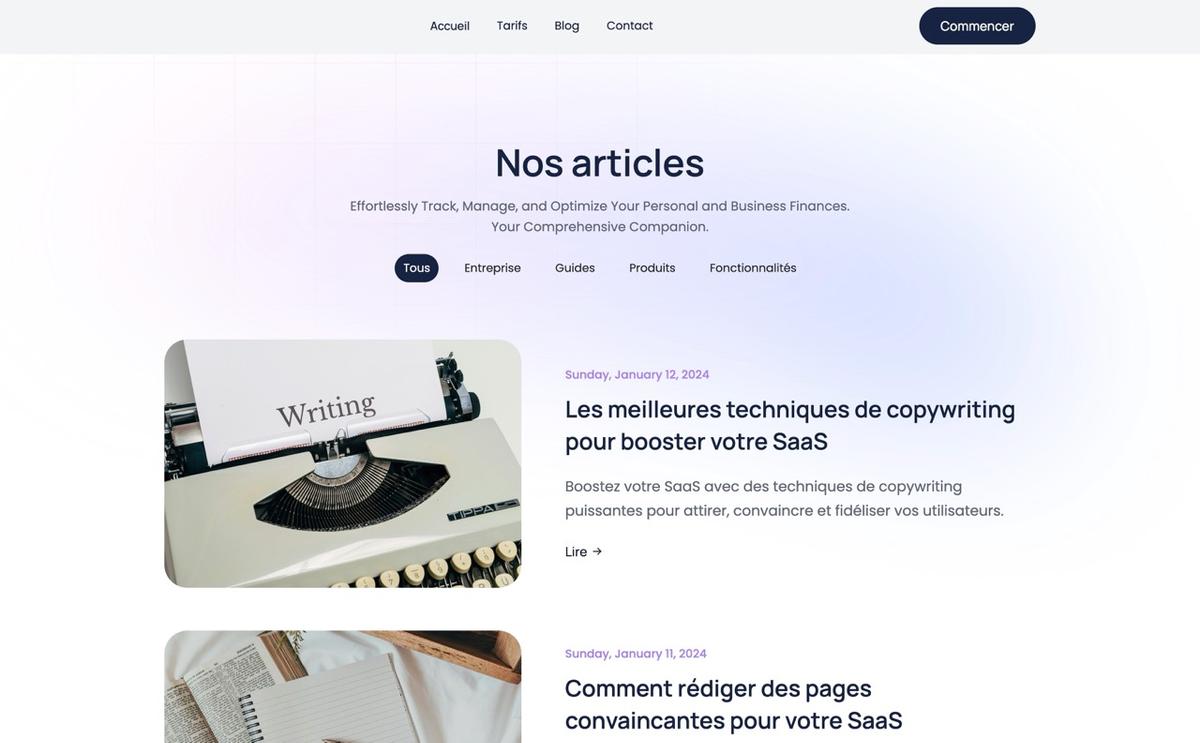 Cette template du CMS Français TOKO épuré et contemporain offre une présentation claire et élégante pour vos articles. Conçu pour une navigation fluide, il met en avant vos contenus tout en étant optimisé pour le SEO, garantissant ainsi une visibilité accrue et une expérience utilisateur optimale.